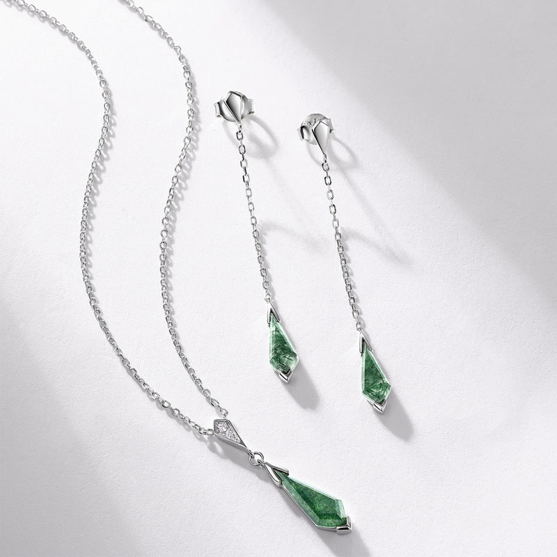 Origsoul sterling necklace silver with green geometric pendant and matching long drop earrings