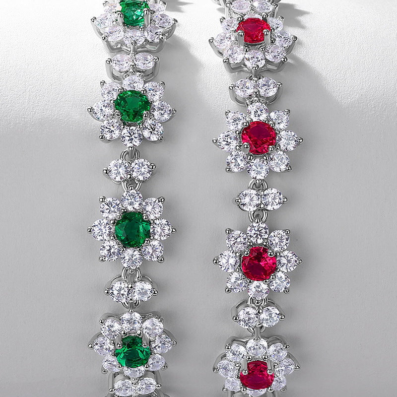 Origsoul sterling silver bracelet with green and red gemstone floral designs and clear crystals
