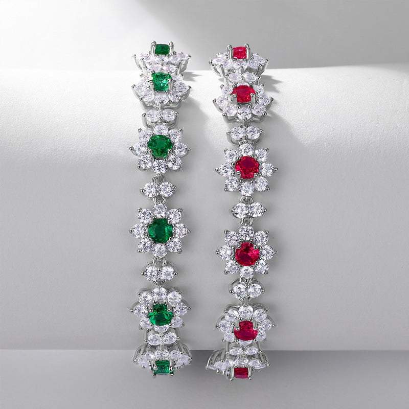 Origsoul sterling silver bracelet with alternating green and red gemstone clusters surrounded by clear crystals