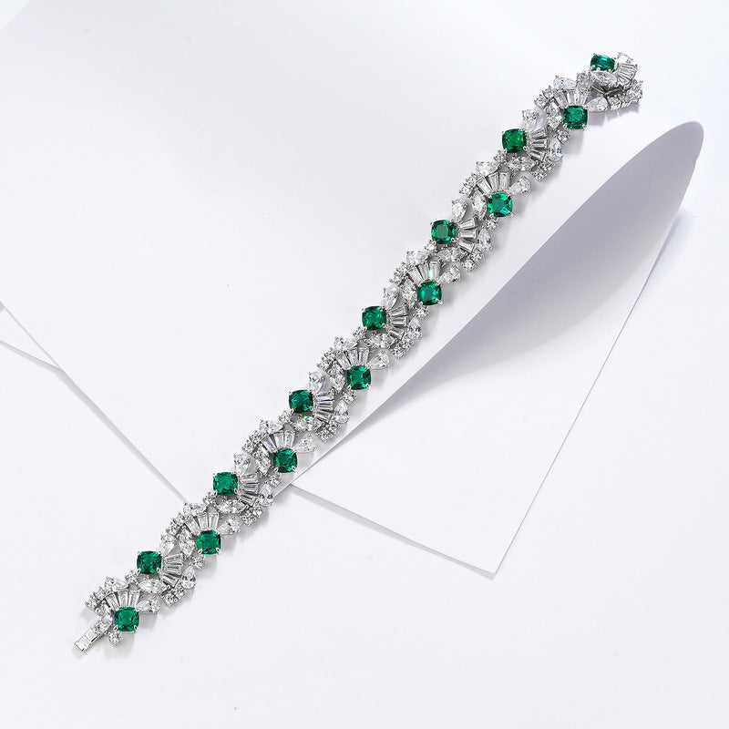 Origsoul sterling silver bracelet pandora with green gemstones and clear crystals on white background