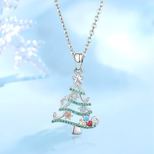 Origsoul silver Christmas tree necklace with colorful gemstones and star pendant on chain