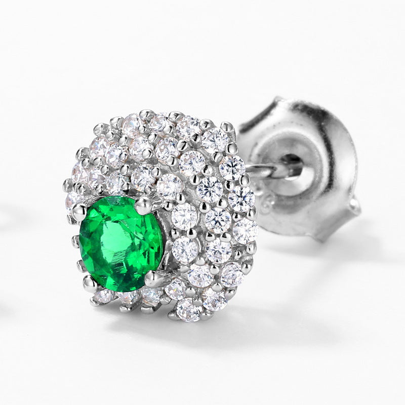Origsoul sterling silver earrings with round green gemstone center and surrounding clear crystals