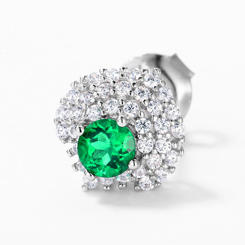Origsoul sterling silver earrings with a vibrant green center stone surrounded by clear crystals