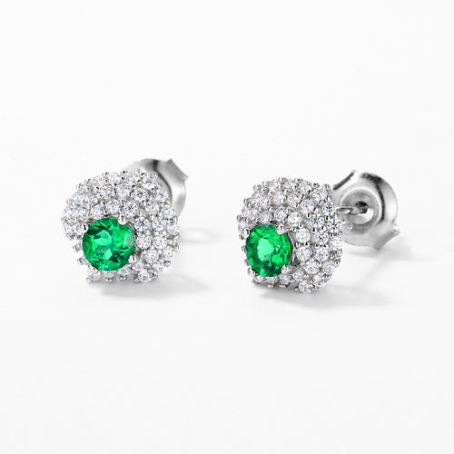 Origsoul sterling silver earrings featuring green gemstones surrounded by sparkling clear crystals