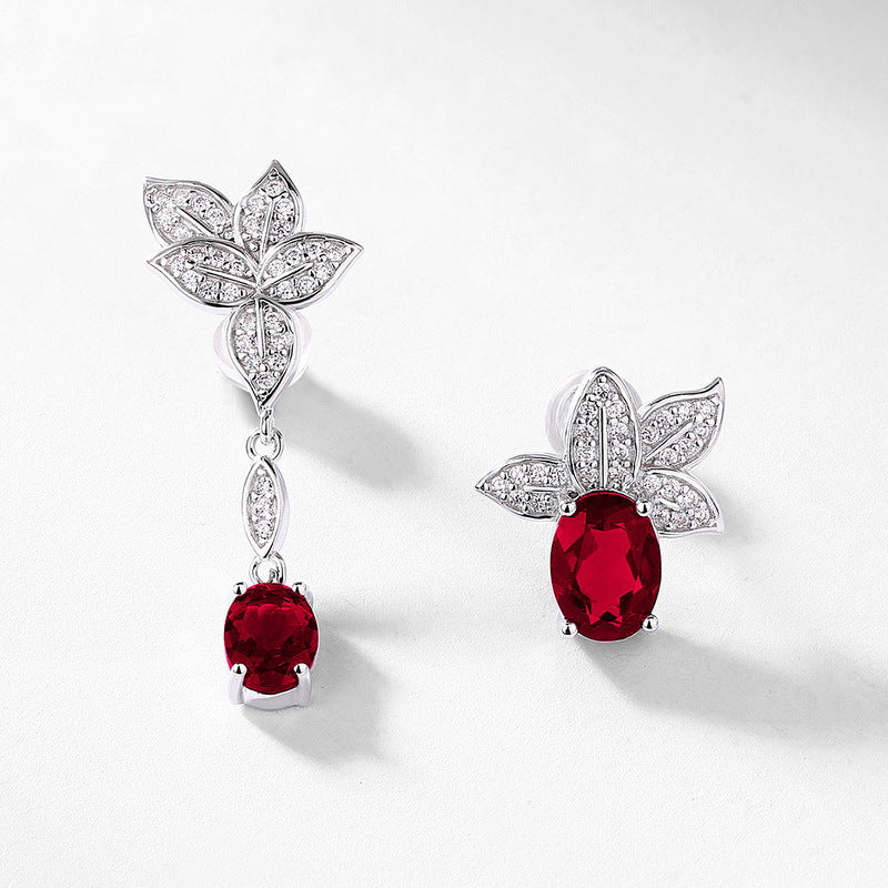 Origsoul sterling silver earrings with red gemstones and intricate leaf designs