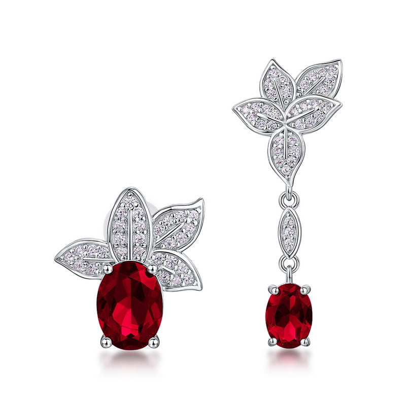 Origsoul sterling silver earrings with red gemstones and leaf-shaped crystal accents