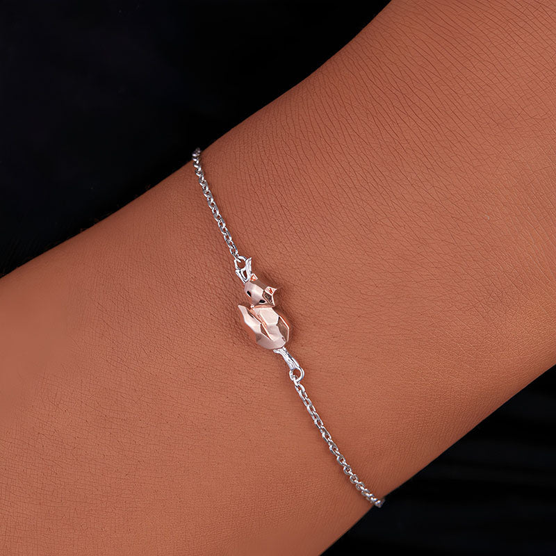 Origsoul sterling silver fox bracelet with delicate chain and fox charm on wrist