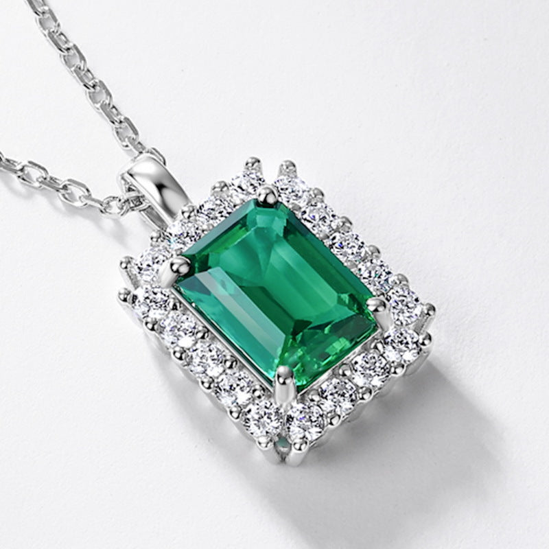 Origsoul sterling silver jelwery necklace with rectangular green gemstone and surrounding clear crystals