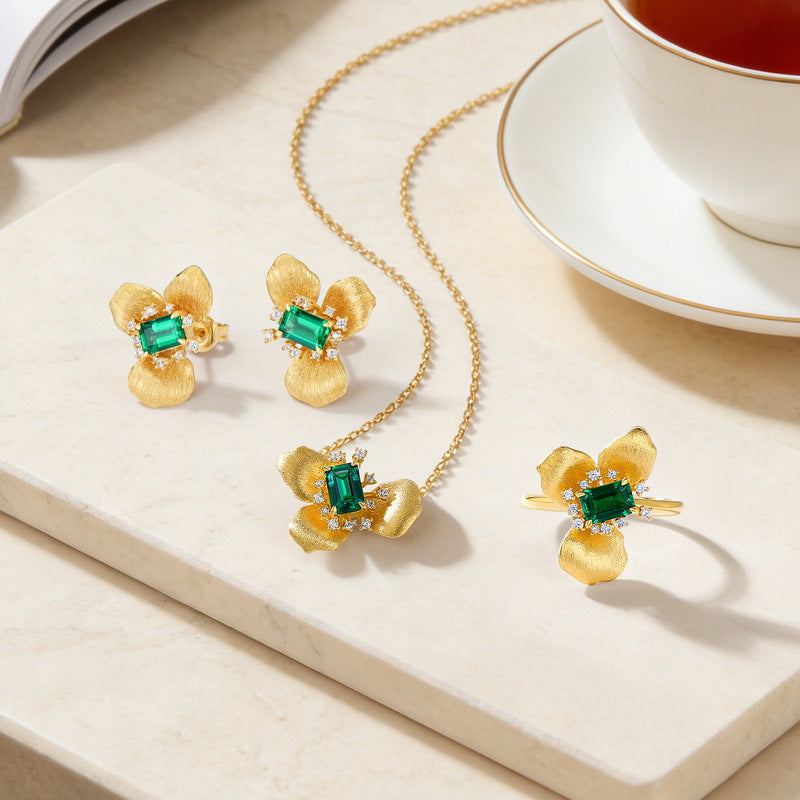 Origsoul gold flower sterling silver jelwery set with green gemstone including earrings necklace and ring