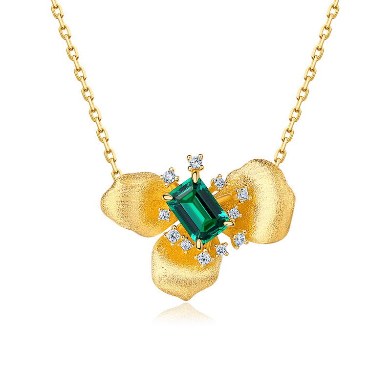 Origsoul gold flower pendant necklace with green emerald center and white stones sterling silver jelwery