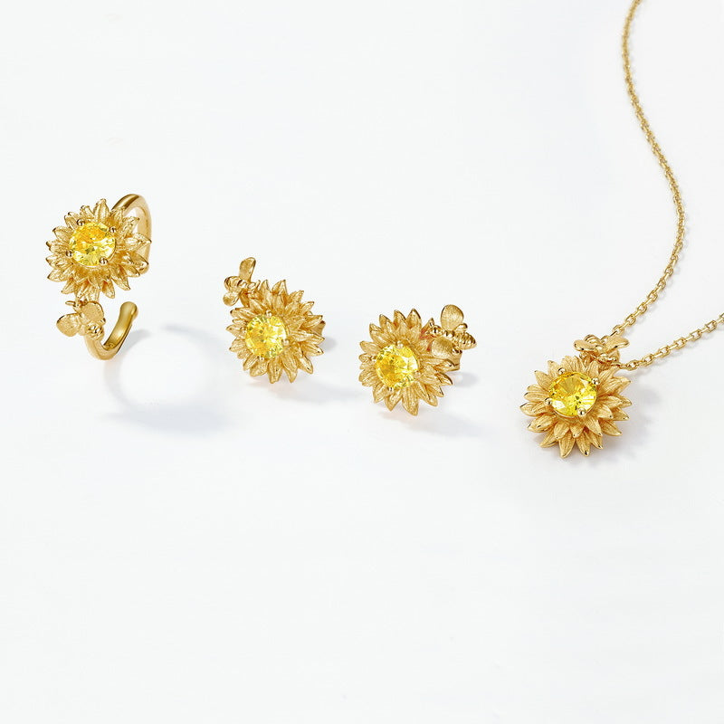 Origsoul sunflower sterling silver jelwery set with gold tone featuring earrings ring and necklace