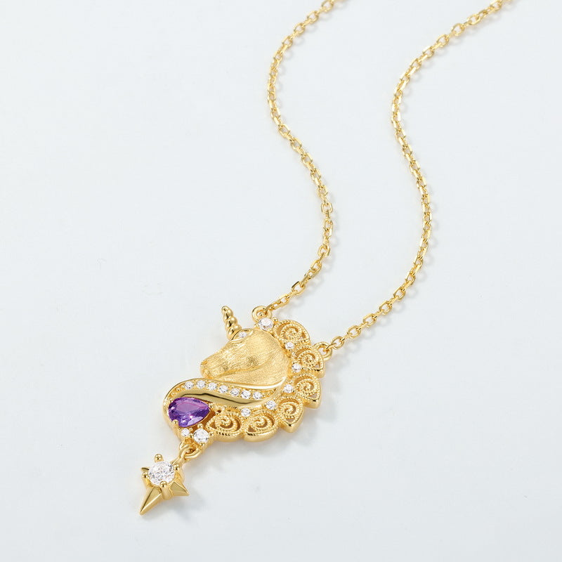 Origsoul gold unicorn pendant necklace with purple gem and sterling silver jelwery design