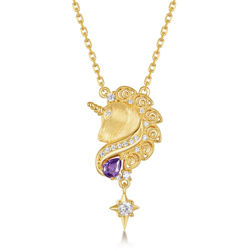 Origsoul gold unicorn pendant necklace with purple gem and clear crystals sterling silver jelwery