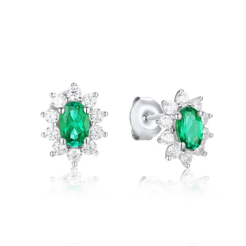 Origsoul sterling silver jelwery green oval gemstone stud earrings with clear crystal accents