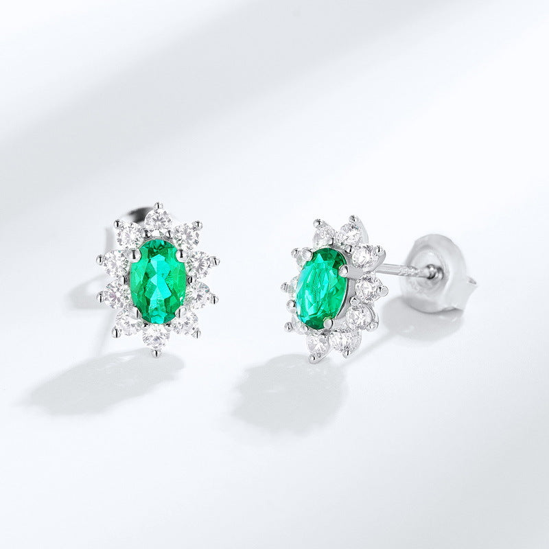 Origsoul sterling silver jelwery emerald green gemstone stud earrings with clear crystals