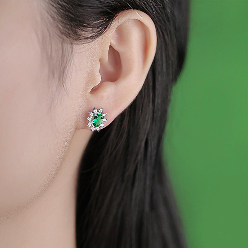 Origsoul sterling silver jelwery green gemstone stud earrings with clear crystals