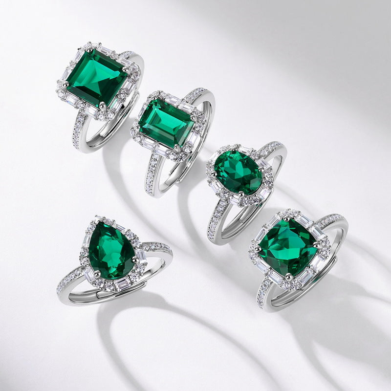 Origsoul sterling silver jelwery rings with green gemstones in various shapes and diamond accents