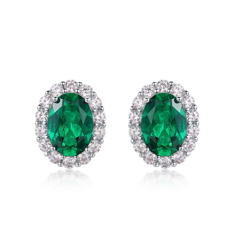 Origsoul sterling silver jelwery green oval gemstone stud earrings with surrounding clear crystals