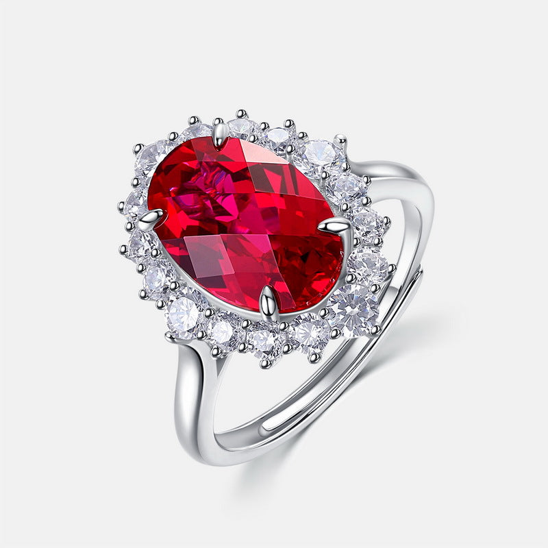 Origsoul sterling silver jelwery ring with large red gemstone surrounded by clear crystals