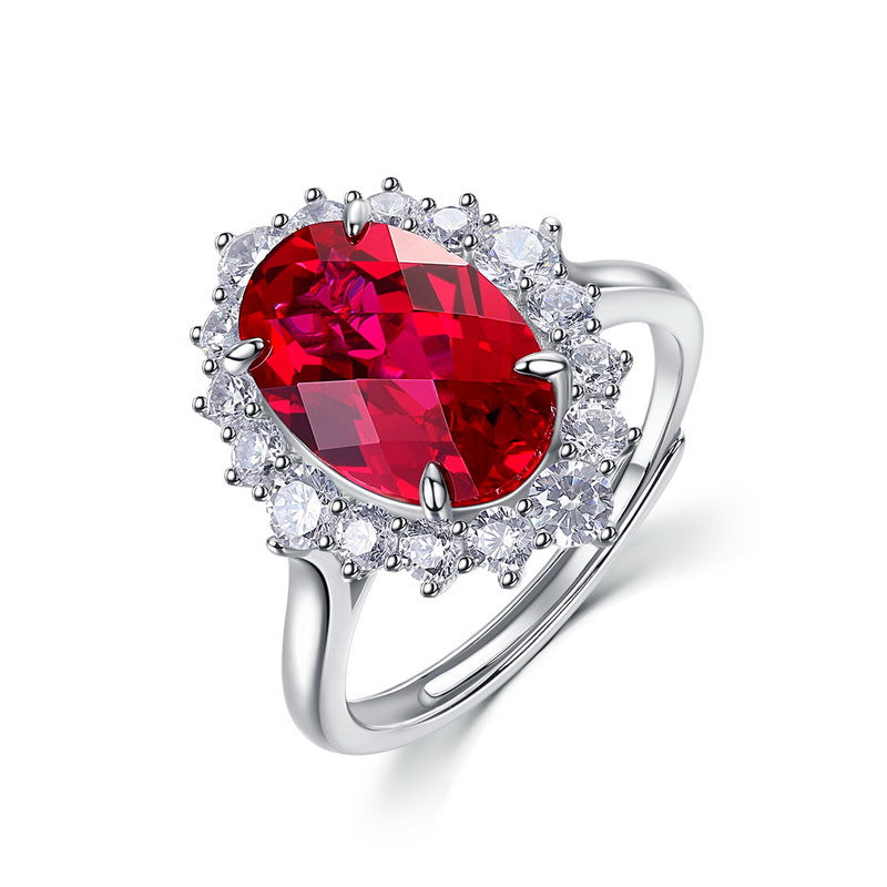 Origsoul sterling silver jelwery ring with large red oval gemstone and surrounding clear crystals