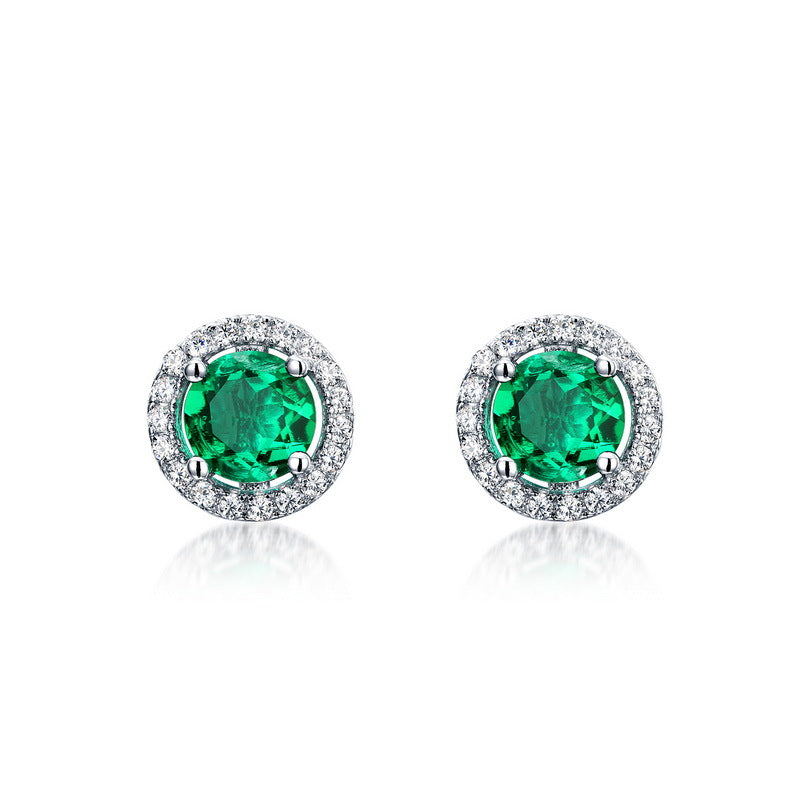 Origsoul sterling silver jelwery emerald green stud earrings with clear crystal halo design