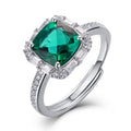 Origsoul sterling silver jelwery ring with green square gemstone and clear accent stones