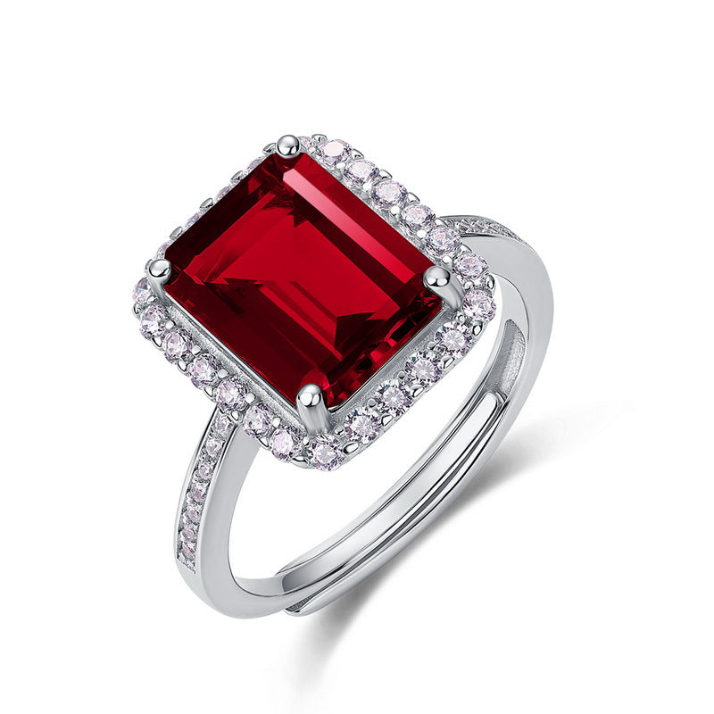 Origsoul sterling silver jewerly ring with large rectangular red gemstone and surrounding clear stones