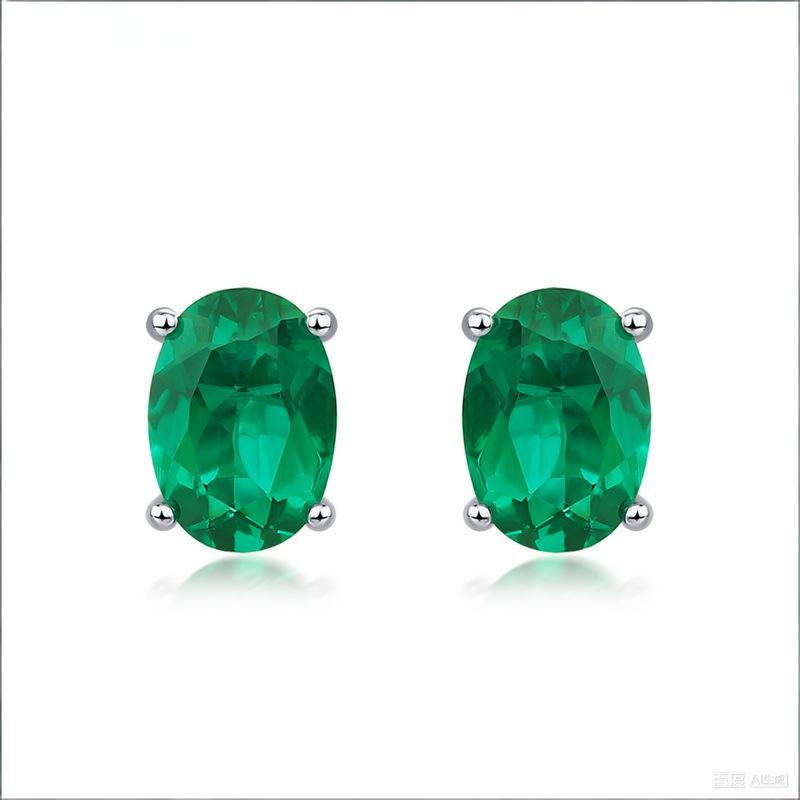 Origsoul sterling silver jewerly green oval gemstone stud earrings with four-prong setting