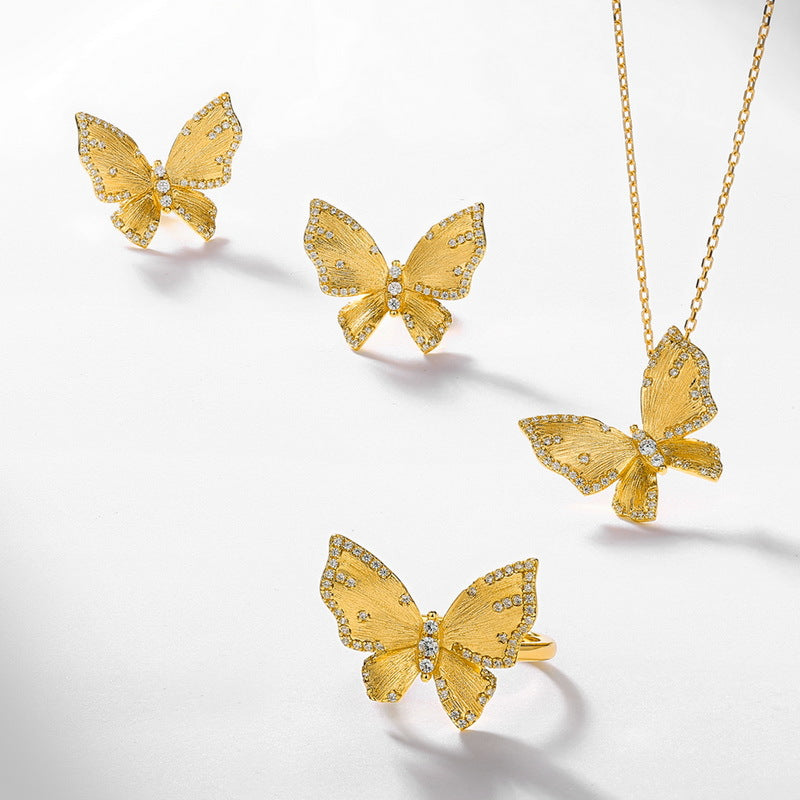 Origsoul gold butterfly jewelry set with sterling silver necklace pendant earrings and ring