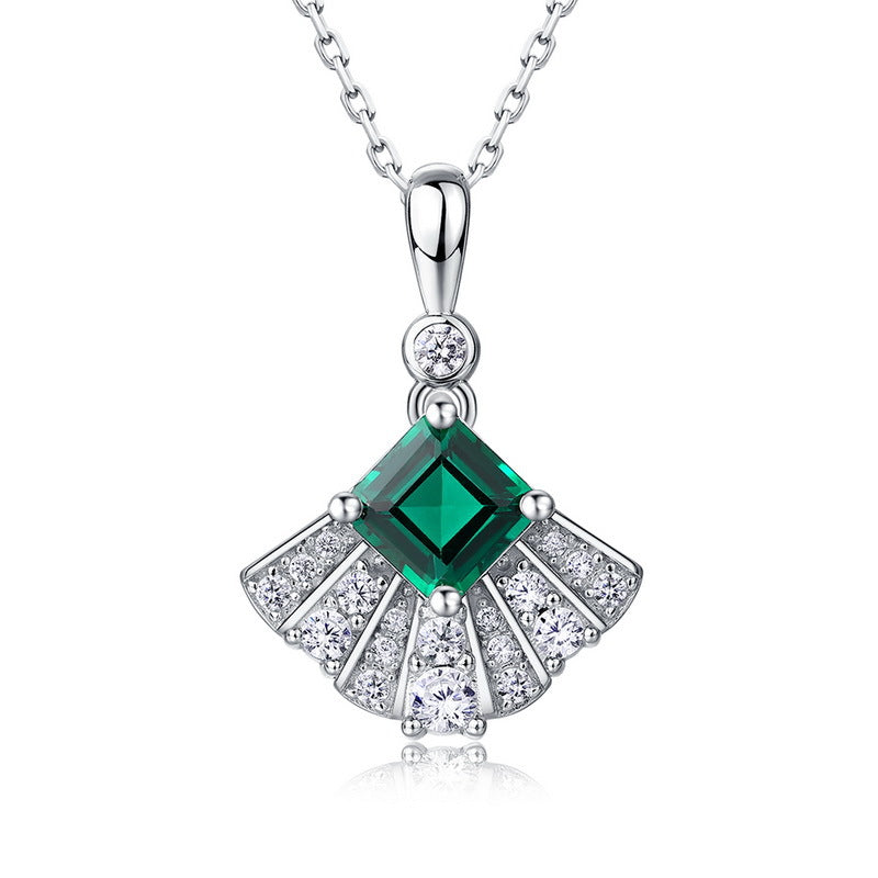 Origsoul sterling silver necklace with green square gemstone and clear crystals pendant