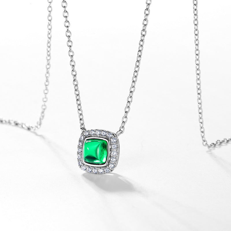 Origsoul sterling silver necklace with square green gemstone pendant surrounded by small crystals
