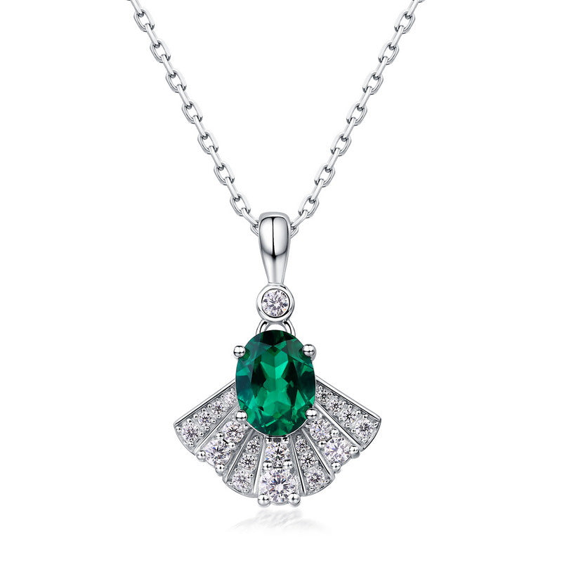 Origsoul sterling silver necklace with green oval gemstone and fan-shaped cubic zirconia accents