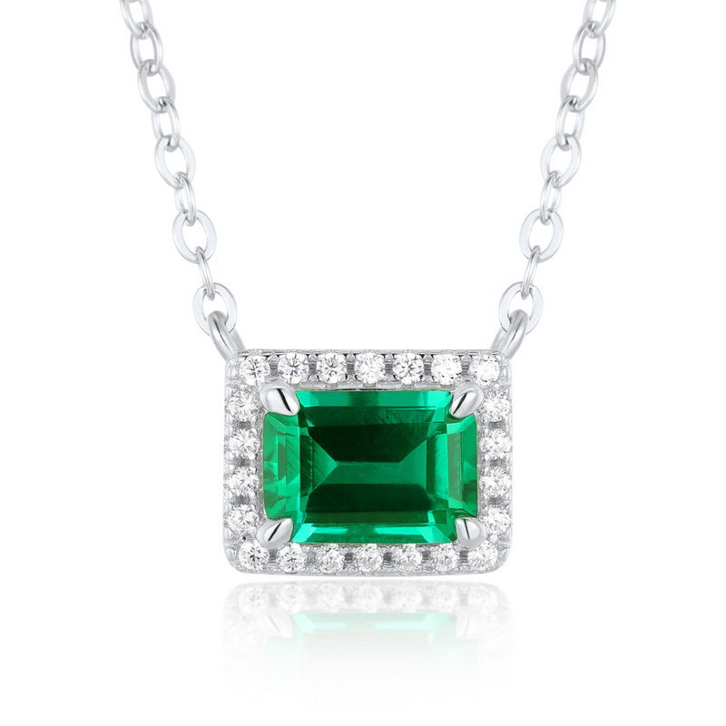 Origsoul sterling silver necklace with rectangular green gemstone pendant surrounded by small clear crystals