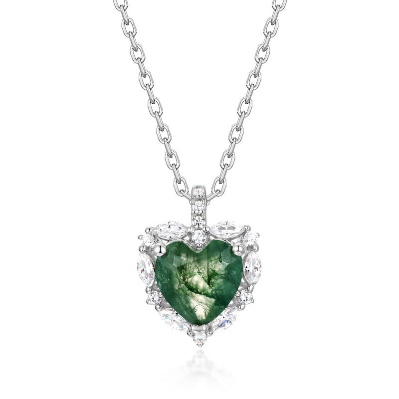 Origsoul sterling silver necklace with heart-shaped green gemstone and surrounding clear crystals