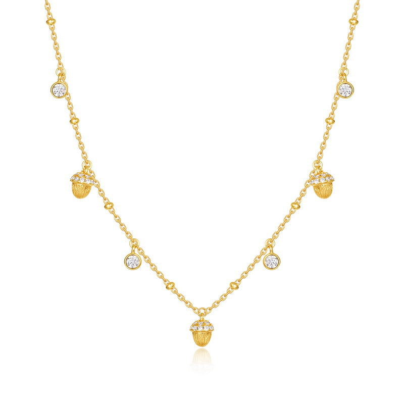 Origsoul delicate necklace in sterling silver with gold acorn charms and crystal accents