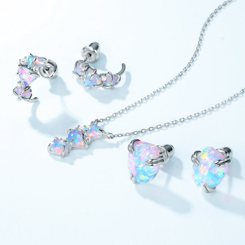 Origsoul sterling silver necklace with iridescent opal pendant and matching earrings jewelry set