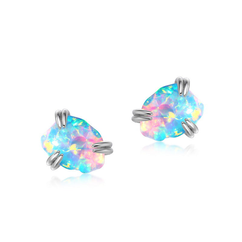 Origsoul colorful opal stud earrings set in sterling silver necklace metal prongs