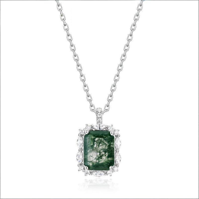 Origsoul sterling silver necklace with rectangular green gemstone pendant surrounded by clear crystals