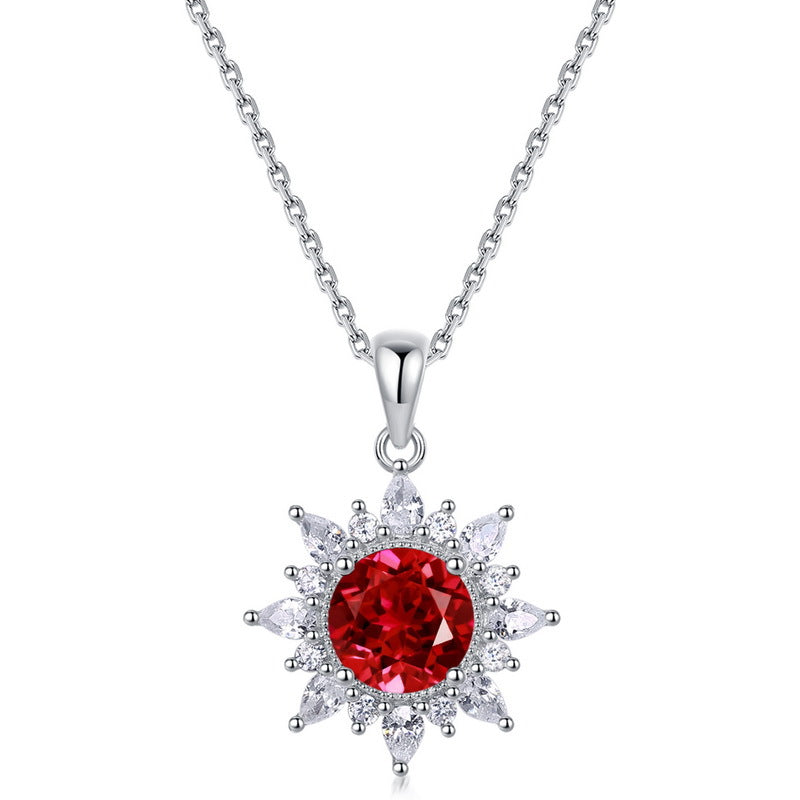 Origsoul sterling silver necklace with red gemstone pendant surrounded by clear crystal accents