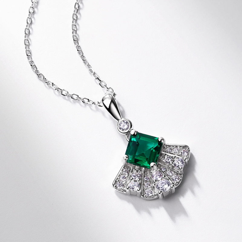 Origsoul sterling silver necklace with green square gemstone and fan-shaped diamond accents