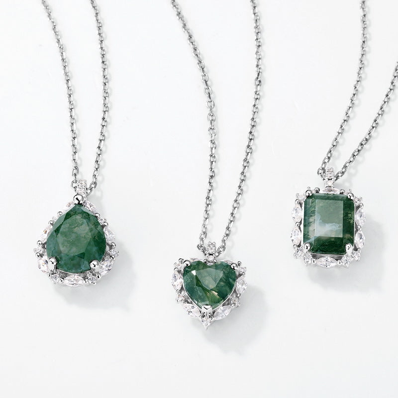 Origsoul sterling silver necklace set with three green gemstone pendants in different shapes