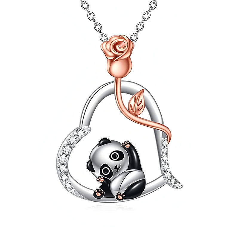 Origsoul sterling silver panda rose necklace featuring a cute panda and a rose design