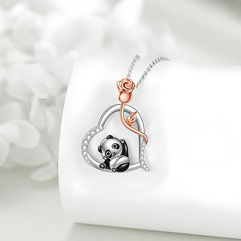 Sterling silver panda rose necklace featuring a cute panda design with a rose accent