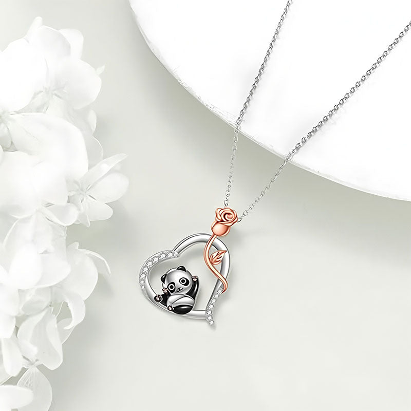 Origsoul sterling silver panda rose necklace in heart design with sparkling accents