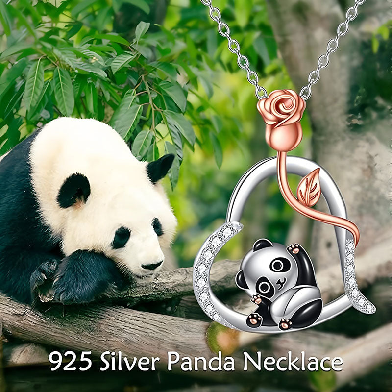 Sterling silver panda rose necklace featuring a playful panda and a delicate rose design