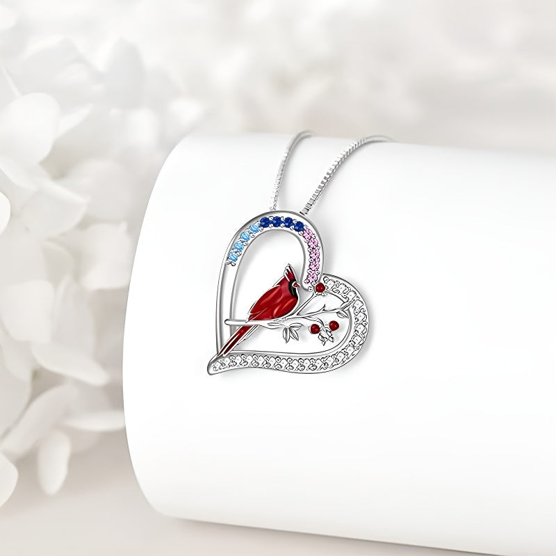 Origsoul sterling silver parrot necklace in heart design with colorful accents and intricate details