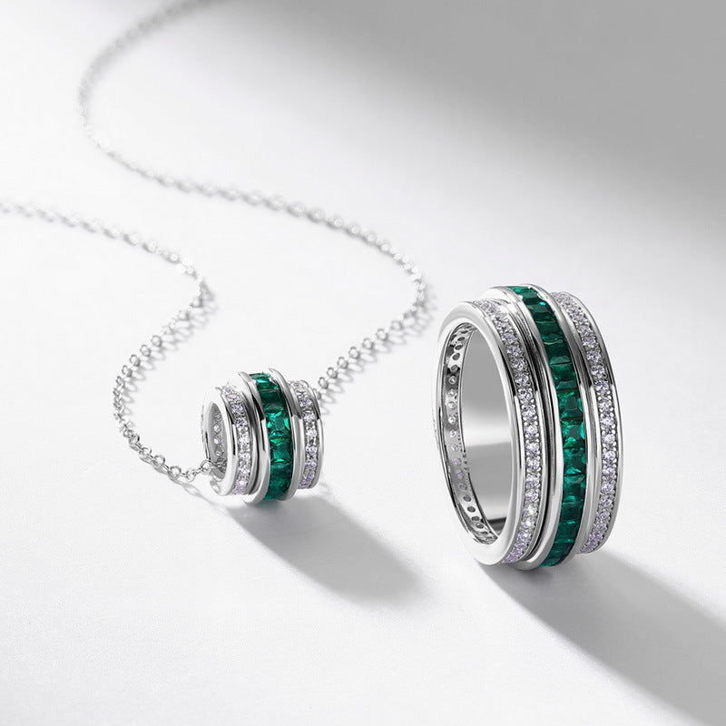 Origsoul sterling silver ring and matching pendant with green gemstones and clear crystals