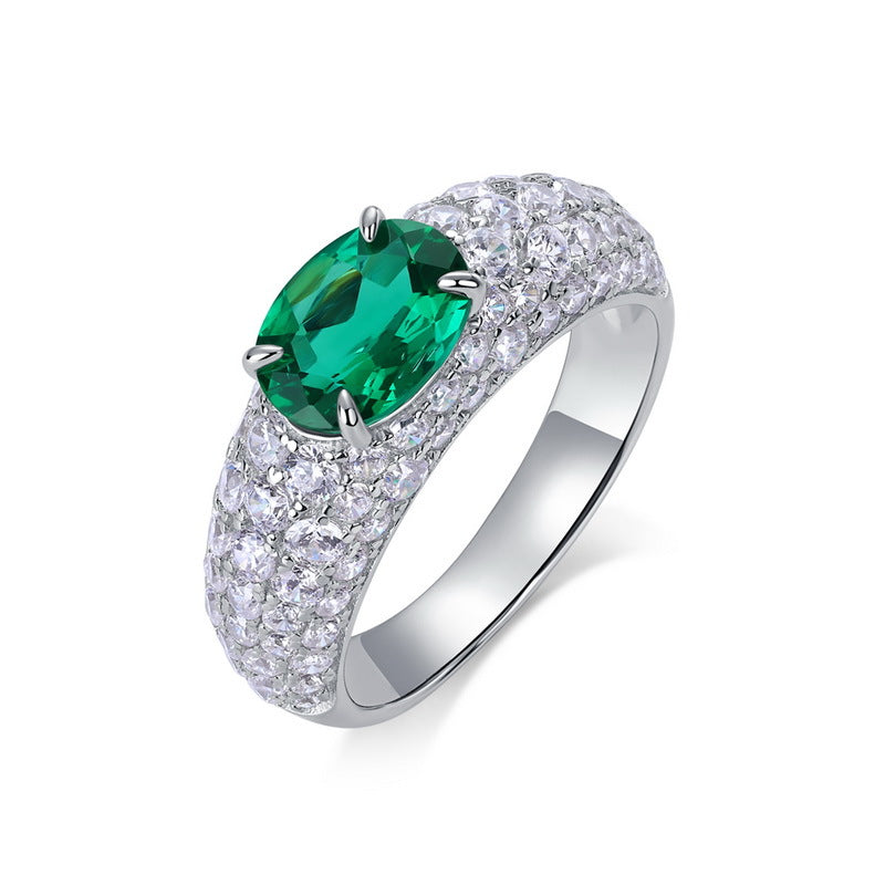 Origsoul sterling silver ring with oval green gemstone and pave clear crystals band