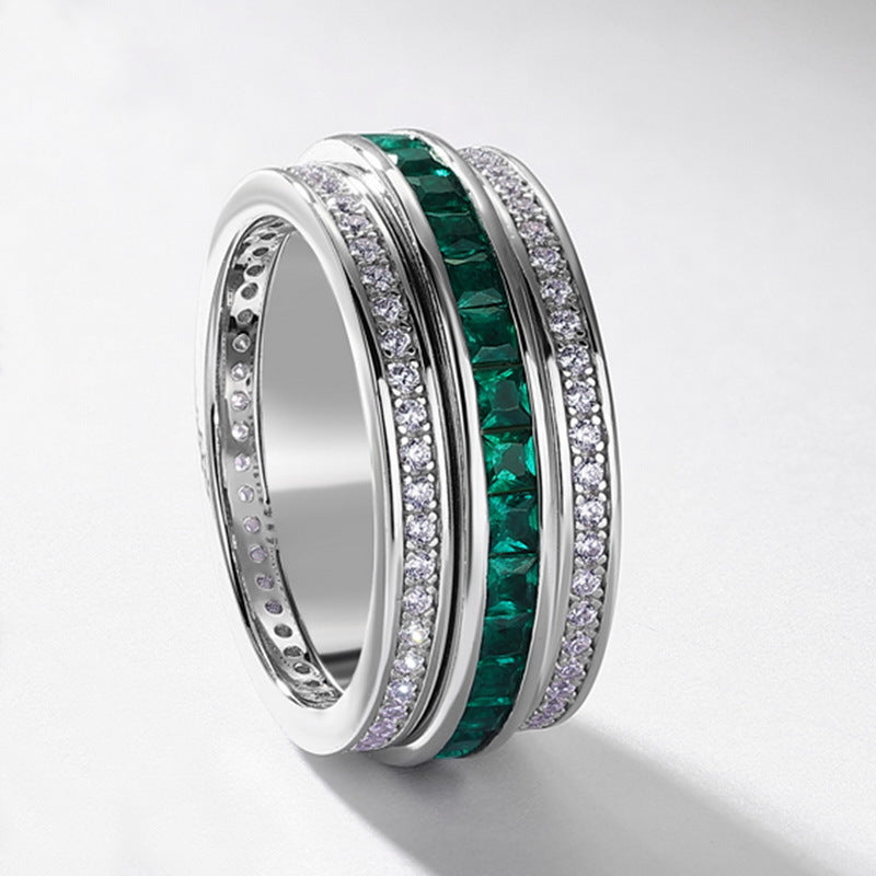 Origsoul sterling silver ring with green gemstones and clear crystal accents in modern design