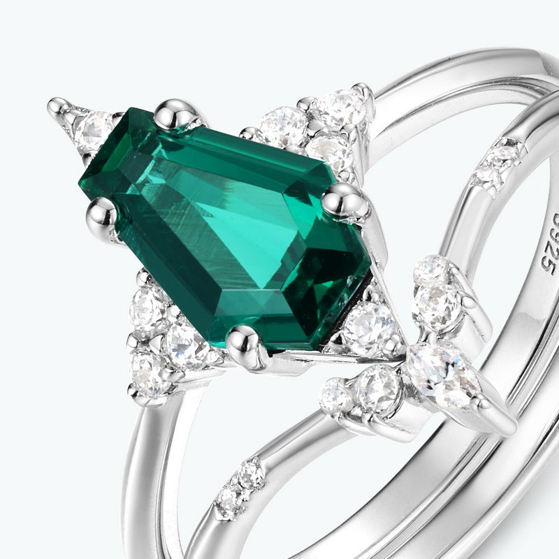 Origsoul sterling silver ring jewellery with a large emerald-cut green gemstone surrounded by small clear crystals